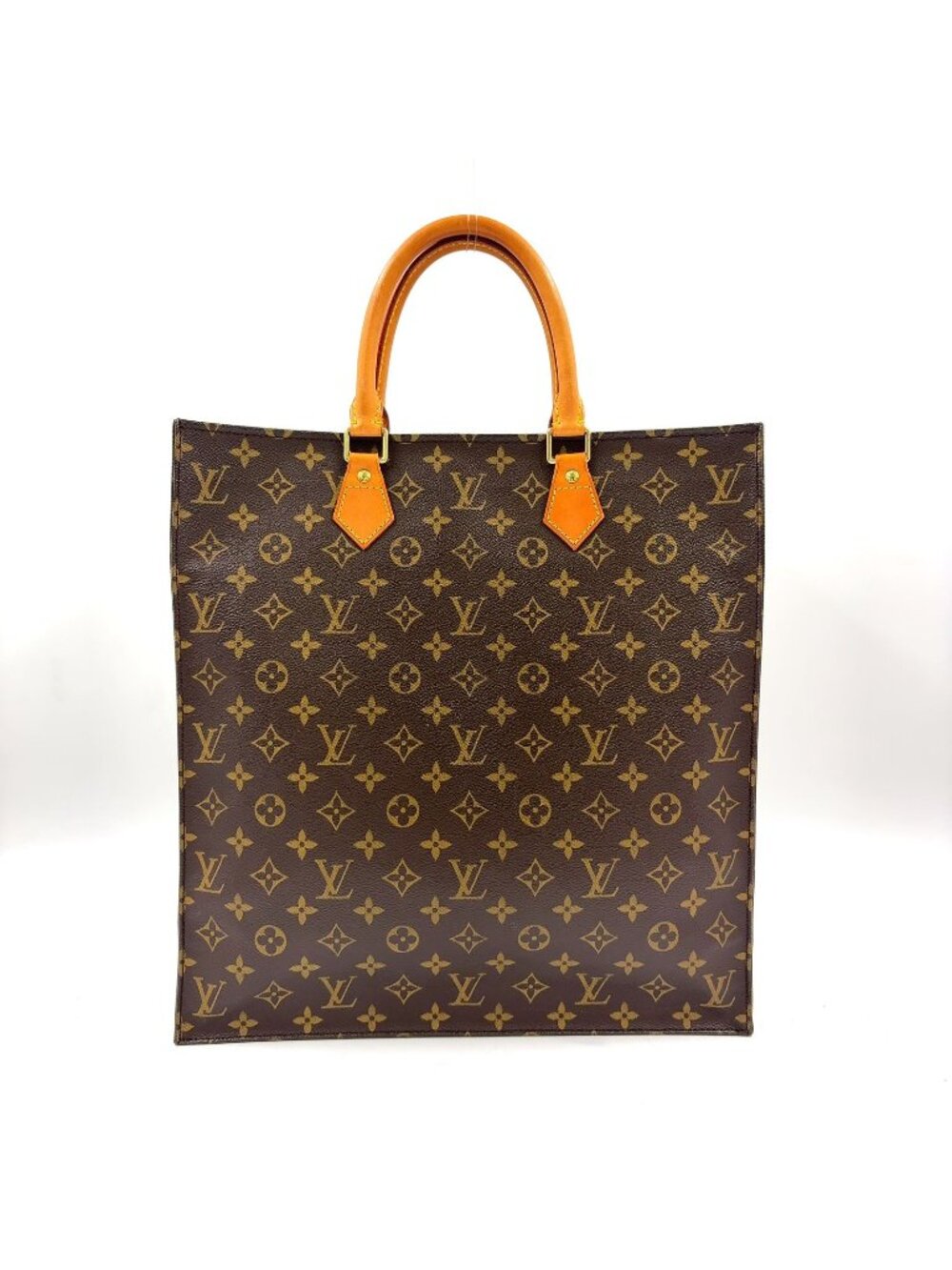 Louis Vuitton Sac Plat Monogram Handbag Leather Brown Light Tote Gold